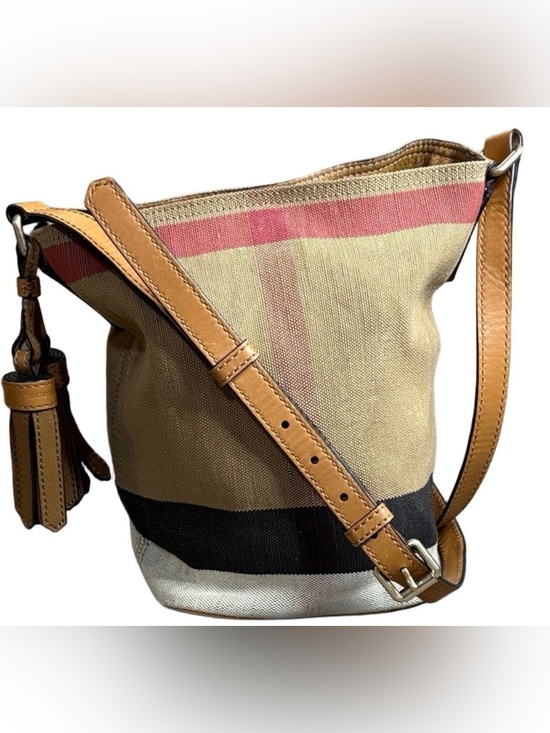 Burberry Handbags - Burberry Ashby House Check Canvas Bucket Crossbody Leather Trim and Tassel